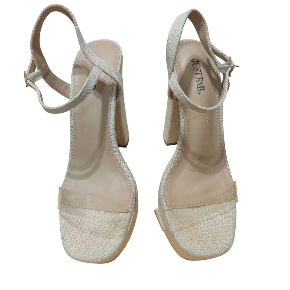 JustFab 8 Platform Block Heel Clear Strap Sandals Gold Glitter Linen Bridal Chic